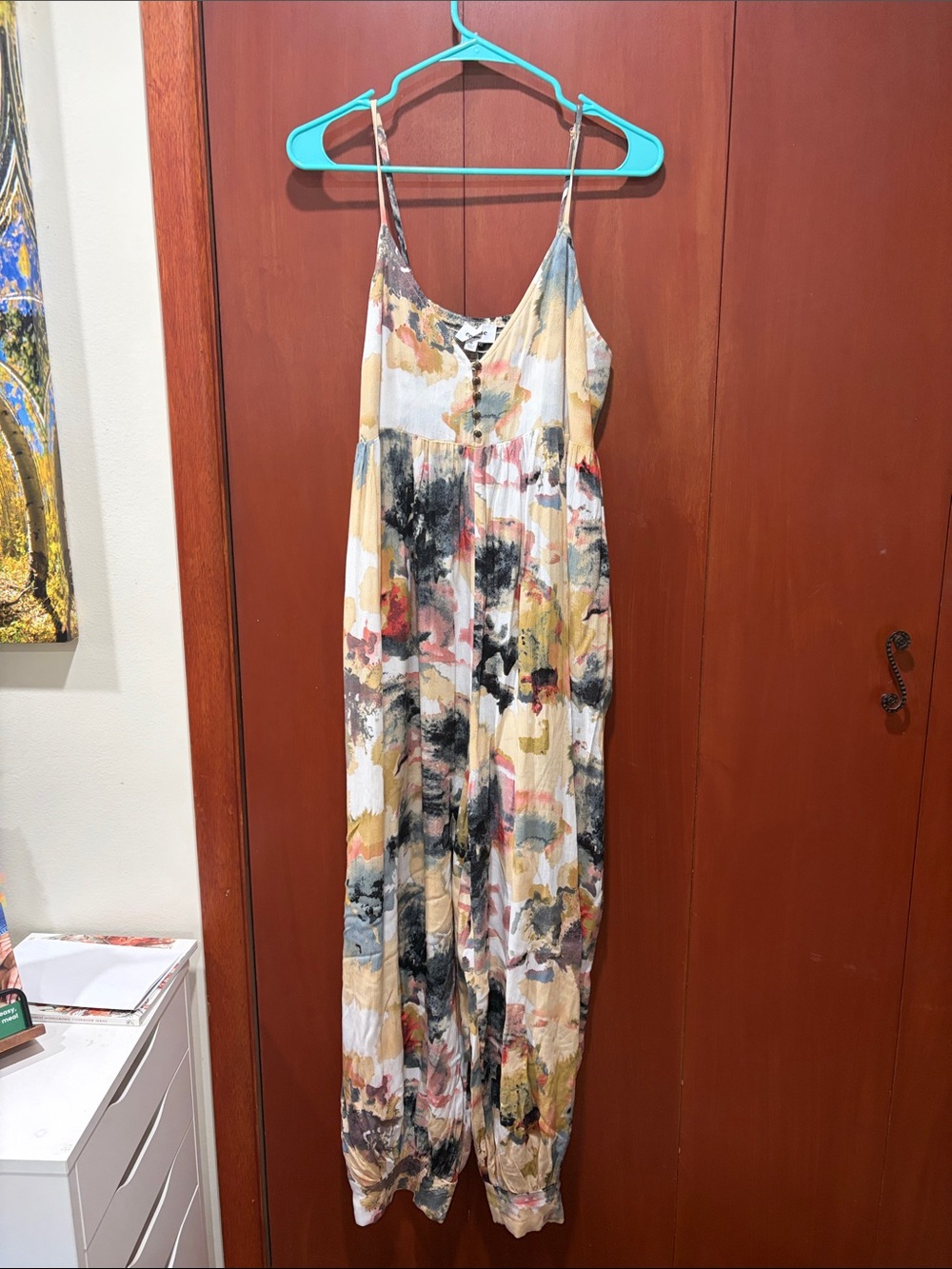 Eesome abstract floral print adjustable strap jumpsuit with pockets
